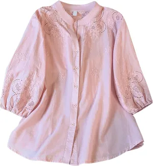 Women Cotton Linen Tops 2025 Summer 3/4 Lantern Sleeve Embroidered Shirts Loose V-Neck Boho Tees Vintage Blouses