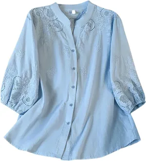 Women Cotton Linen Tops 2025 Summer 3/4 Lantern Sleeve Embroidered Shirts Loose V-Neck Boho Tees Vintage Blouses