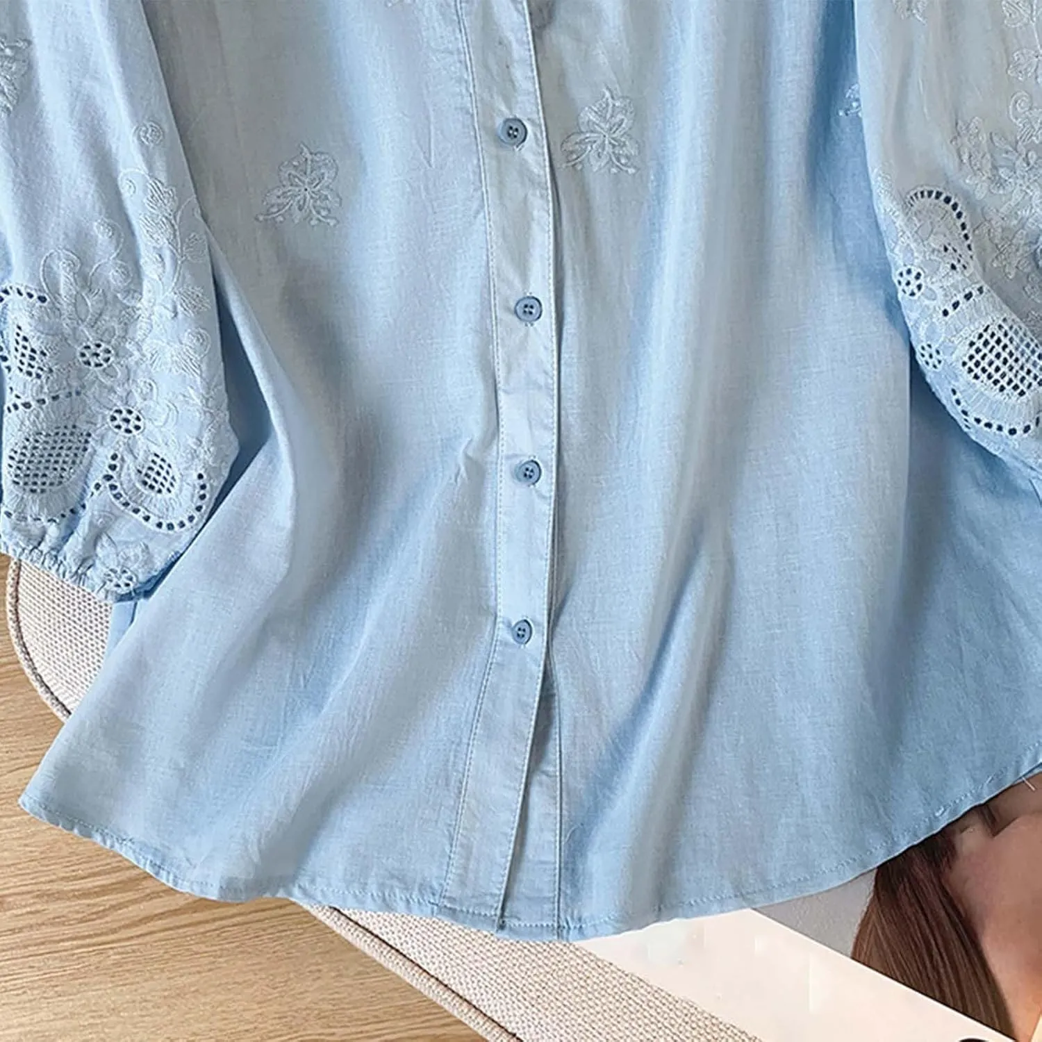 Women Cotton Linen Tops 2025 Summer 3/4 Lantern Sleeve Embroidered Shirts Loose V-Neck Boho Tees Vintage Blouses