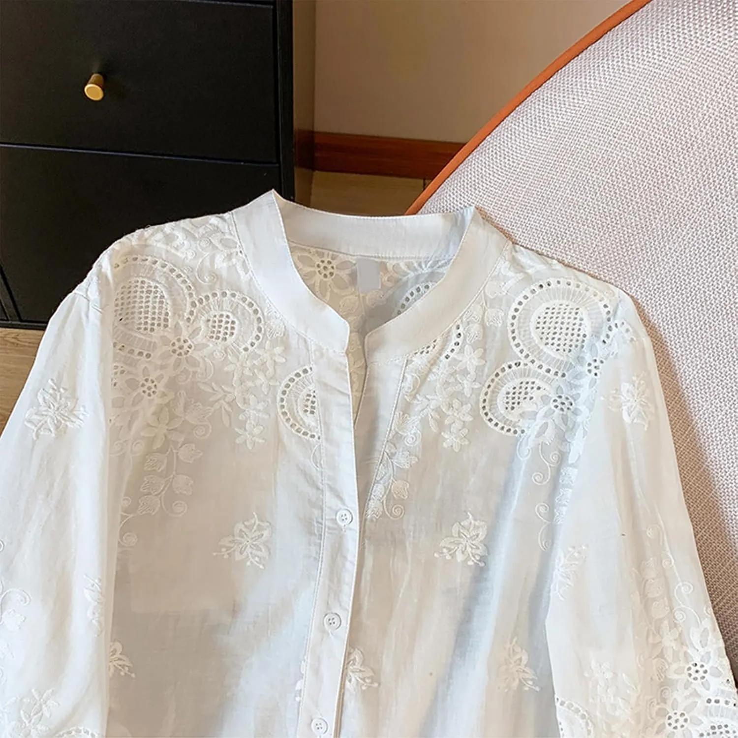 Women Cotton Linen Tops 2025 Summer 3/4 Lantern Sleeve Embroidered Shirts Loose V-Neck Boho Tees Vintage Blouses