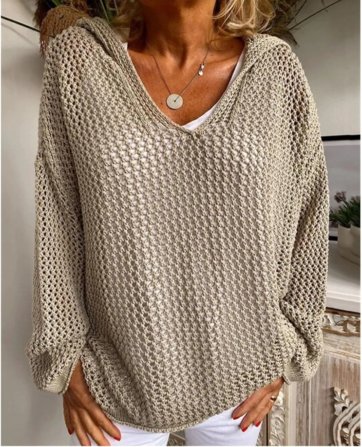 Women Cut Out Knitted V Neck Hoodies Loose Fit Crochet Hollow Out Cover Up Tops Sweater Casual Pullover Hooded Shirts
