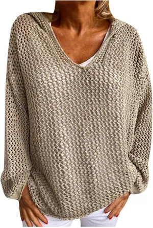 Women Cut Out Knitted V Neck Hoodies Loose Fit Crochet Hollow Out Cover Up Tops Sweater Casual Pullover Hooded Shirts