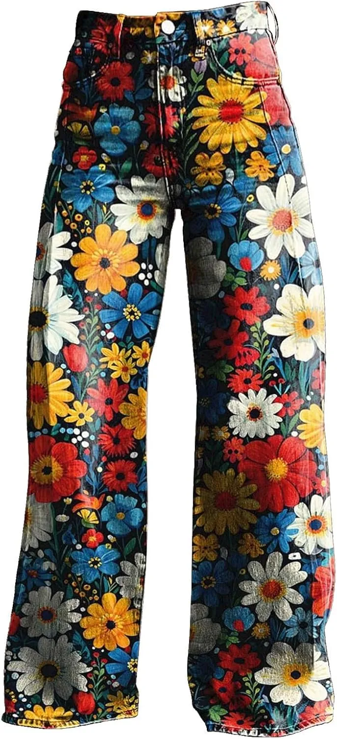Women Elastic Waist Pants Vintage Flower Printed Pants Halloween Loose Fit Trousers with Pocket Straight Trousers Party