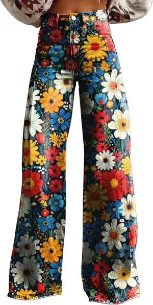 Women Elastic Waist Pants Vintage Flower Printed Pants Halloween Loose Fit Trousers with Pocket Straight Trousers Party