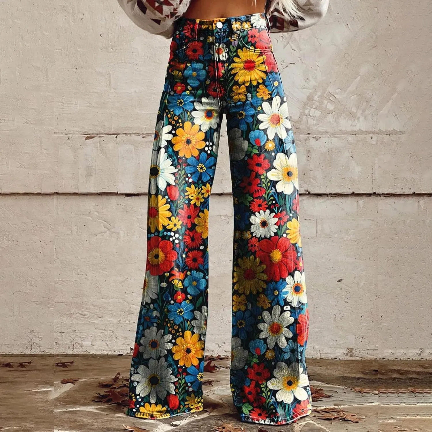 Women Elastic Waist Pants Vintage Flower Printed Pants Halloween Loose Fit Trousers with Pocket Straight Trousers Party