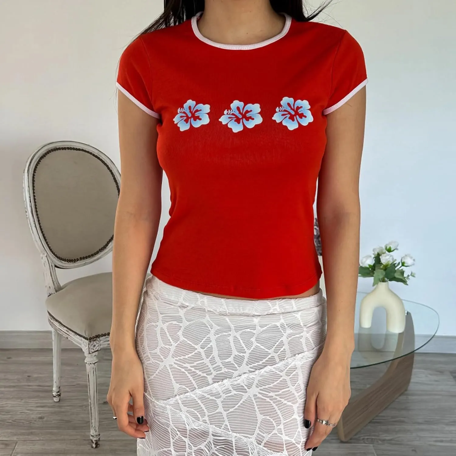 Women Hawaii Baby Tees Y2K Short Sleeve Crewneck Aesthetic Graphic Slim Fit Crop Tops Teen Girls Summer T Shirts