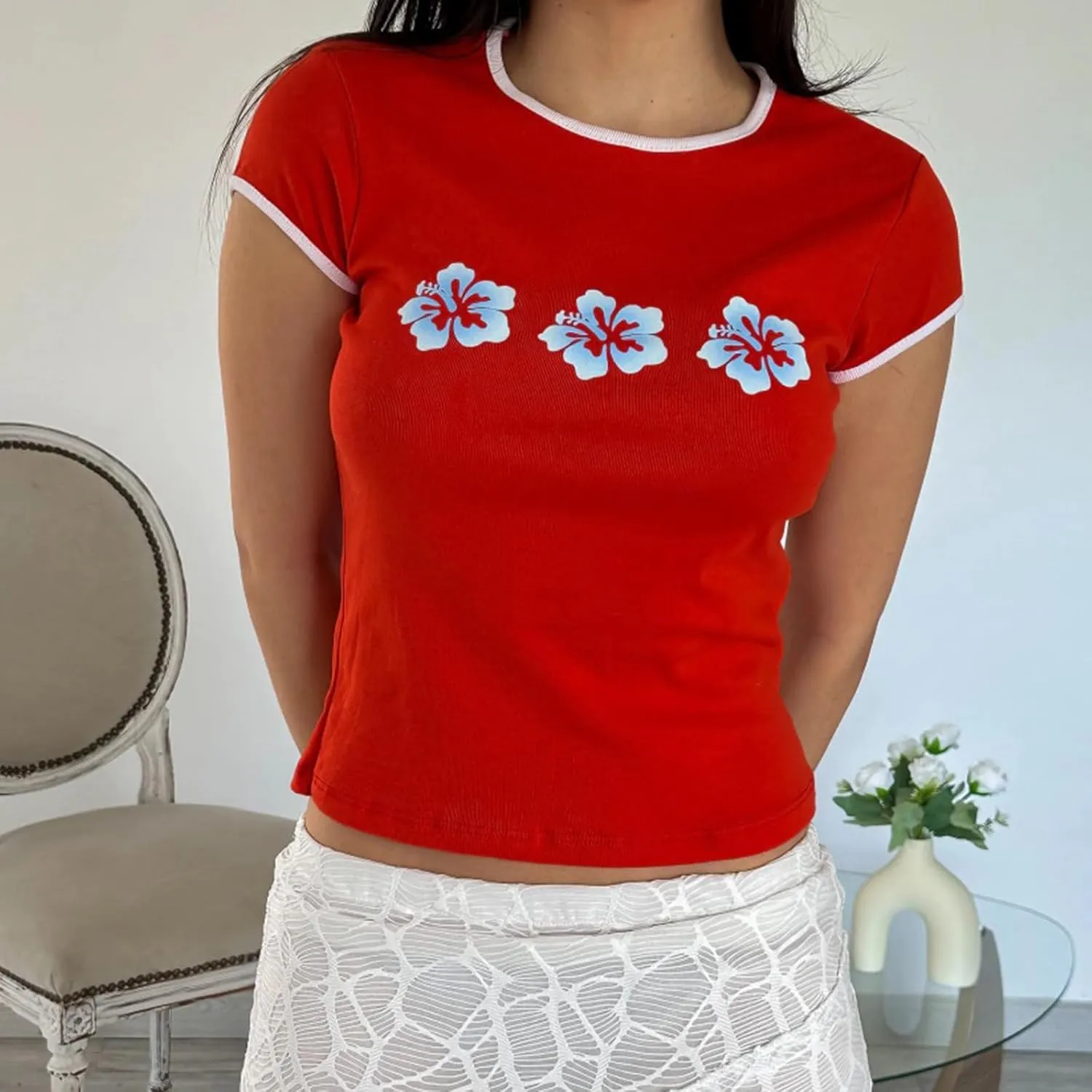 Women Hawaii Baby Tees Y2K Short Sleeve Crewneck Aesthetic Graphic Slim Fit Crop Tops Teen Girls Summer T Shirts