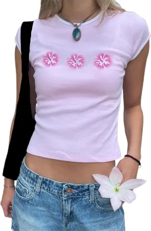 Women Hawaii Baby Tees Y2K Short Sleeve Crewneck Aesthetic Graphic Slim Fit Crop Tops Teen Girls Summer T Shirts
