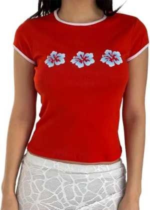 Women Hawaii Baby Tees Y2K Short Sleeve Crewneck Aesthetic Graphic Slim Fit Crop Tops Teen Girls Summer T Shirts