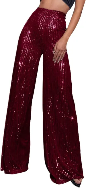 Women High Elastic Waist Wide Leg Palazzo Pants Casual Loose Long Sequin Pants Sparkly Glitter Party Club Trousers