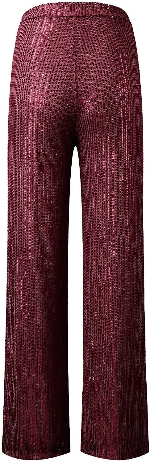 Women High Elastic Waist Wide Leg Palazzo Pants Casual Loose Long Sequin Pants Sparkly Glitter Party Club Trousers