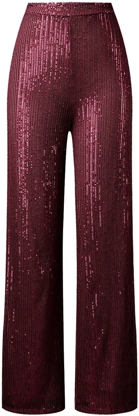 Women High Elastic Waist Wide Leg Palazzo Pants Casual Loose Long Sequin Pants Sparkly Glitter Party Club Trousers