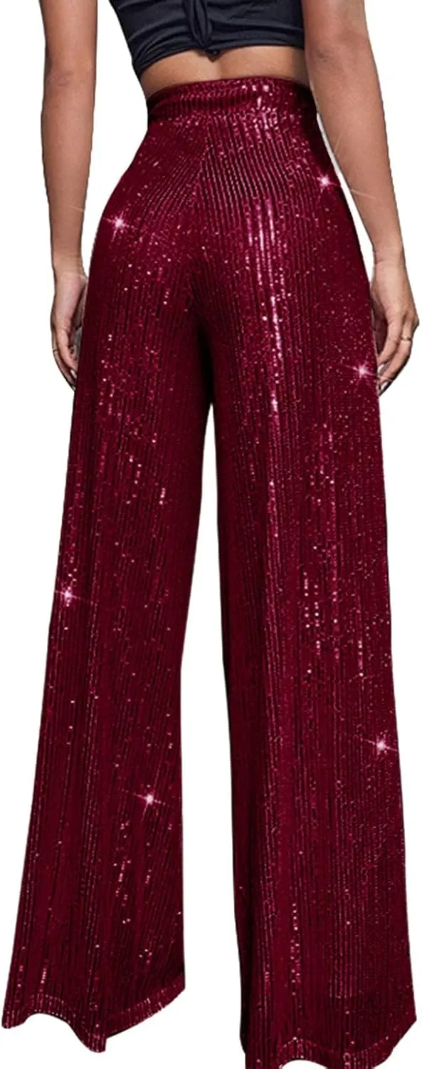 Women High Elastic Waist Wide Leg Palazzo Pants Casual Loose Long Sequin Pants Sparkly Glitter Party Club Trousers