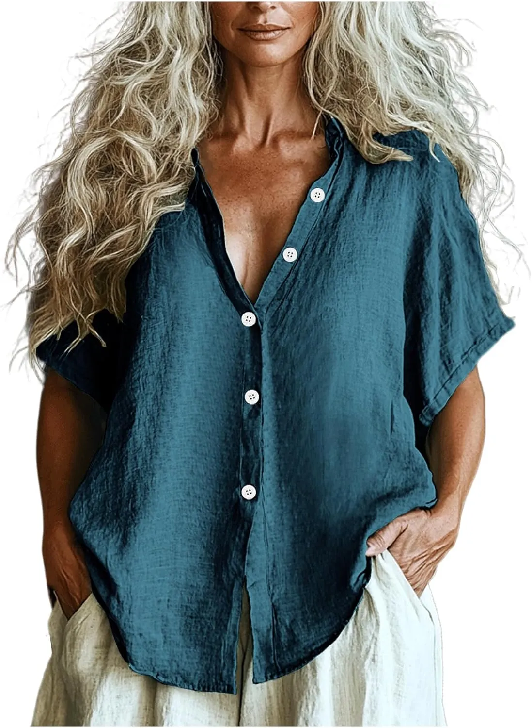 Women Linen Button Down Short Sleeve Lapel Collar Blouse Ladies Summer Casual Dressy V Neck Beach Cotton Shirt Tops