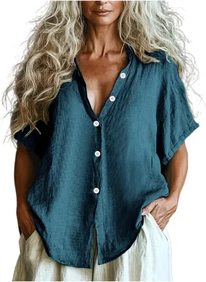 Women Linen Button Down Short Sleeve Lapel Collar Blouse Ladies Summer Casual Dressy V Neck Beach Cotton Shirt Tops