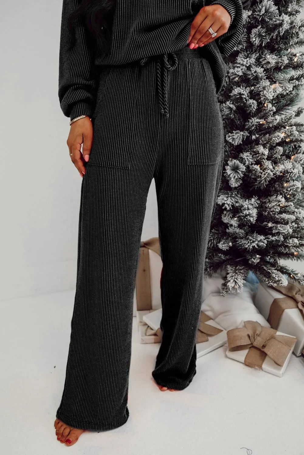 Women Pajamas Set Loungewear Ribbed Long Sleeve Top and Pants with Pockets Lounge Sweatsuit Set