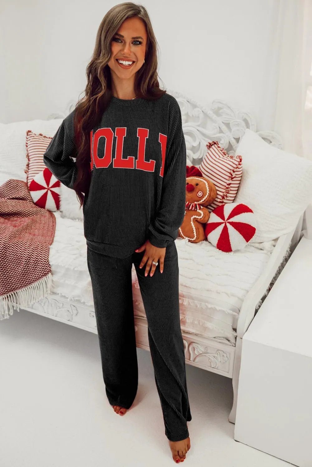 Women Pajamas Set Loungewear Ribbed Long Sleeve Top and Pants with Pockets Lounge Sweatsuit Set