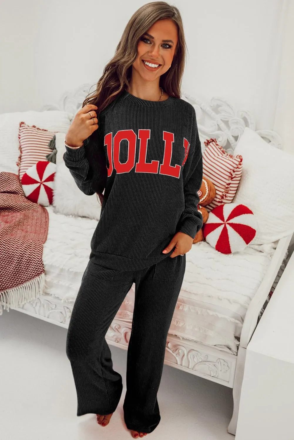 Women Pajamas Set Loungewear Ribbed Long Sleeve Top and Pants with Pockets Lounge Sweatsuit Set