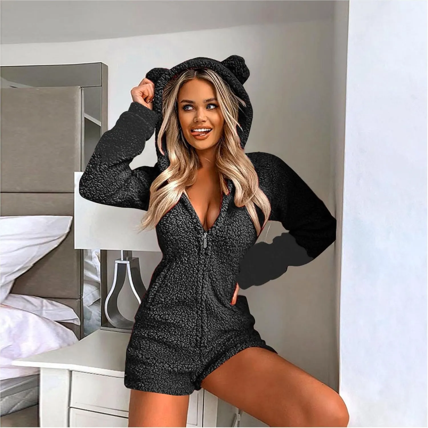 Women Plush Hooded Rompers Girls Cute Fuzzy Fleece Jumpsuit Casual Winter Warm Outfits Loungewear Homewear