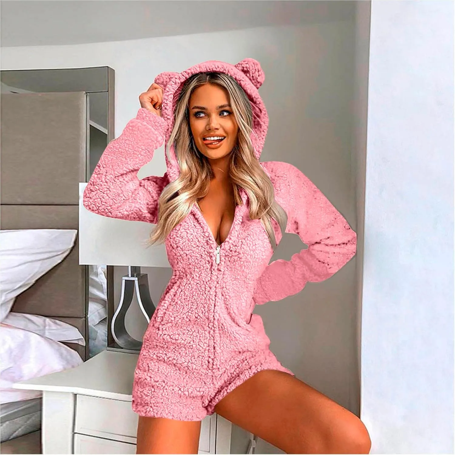 Women Plush Hooded Rompers Girls Cute Fuzzy Fleece Jumpsuit Casual Winter Warm Outfits Loungewear Homewear