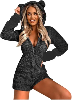 Women Plush Hooded Rompers Girls Cute Fuzzy Fleece Jumpsuit Casual Winter Warm Outfits Loungewear Homewear
