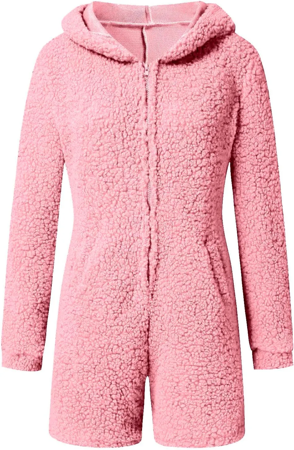 Women Plush Hooded Rompers Girls Cute Fuzzy Fleece Jumpsuit Casual Winter Warm Outfits Loungewear Homewear