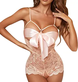 Women Sexy Satin Lingerie Unwrap Me Babydoll Red Big Bow Teddy Christmas Cosplay Costume Club Playsuit