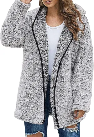 Women Sherpa Jacket Coat Oversized Long Sleeve Zip Up Winter Warm Fuzzy Fleece Open Front Hooded Cardigan Outwear