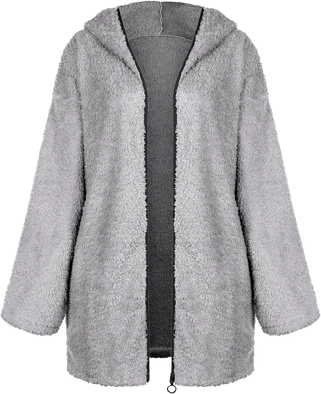Women Sherpa Jacket Coat Oversized Long Sleeve Zip Up Winter Warm Fuzzy Fleece Open Front Hooded Cardigan Outwear