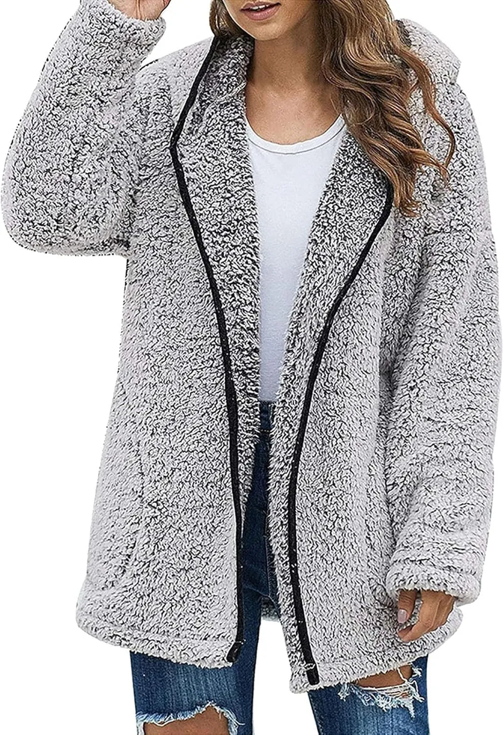 Women Sherpa Jacket Coat Oversized Long Sleeve Zip Up Winter Warm Fuzzy Fleece Open Front Hooded Cardigan Outwear