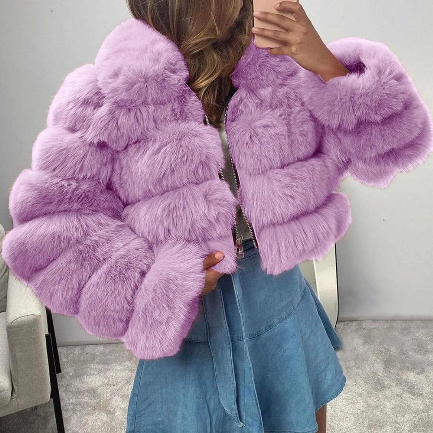 Women Short Faux Fur Coats Hooded Warm Furry Splicing Jacket Elegant Outerwear Fluffy Crop Winter Coat