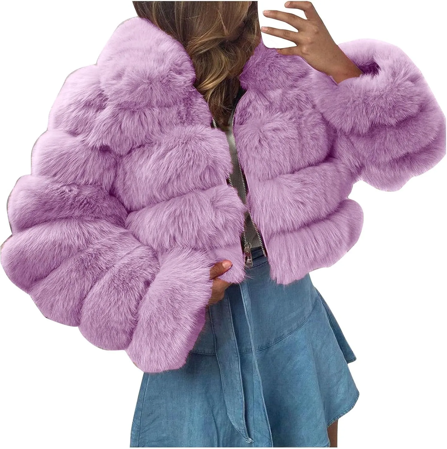 Women Short Faux Fur Coats Hooded Warm Furry Splicing Jacket Elegant Outerwear Fluffy Crop Winter Coat