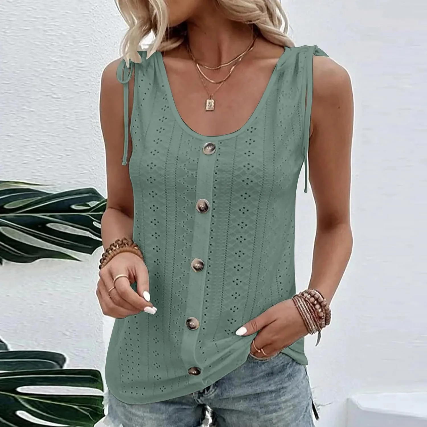 Women Sleeveless Eyelet Tops Scoop Neck Blouse Button Front Tie-Shoulder Shirt Summer Tanks Casual Pullover Tees