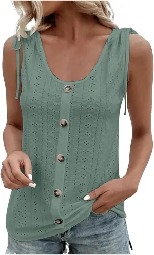 Women Sleeveless Eyelet Tops Scoop Neck Blouse Button Front Tie-Shoulder Shirt Summer Tanks Casual Pullover Tees