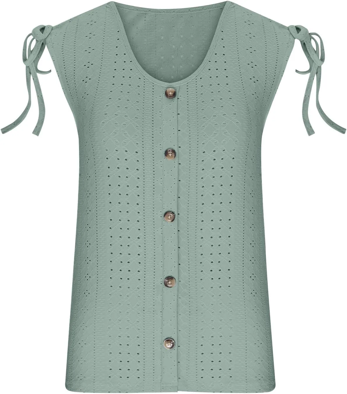 Women Sleeveless Eyelet Tops Scoop Neck Blouse Button Front Tie-Shoulder Shirt Summer Tanks Casual Pullover Tees