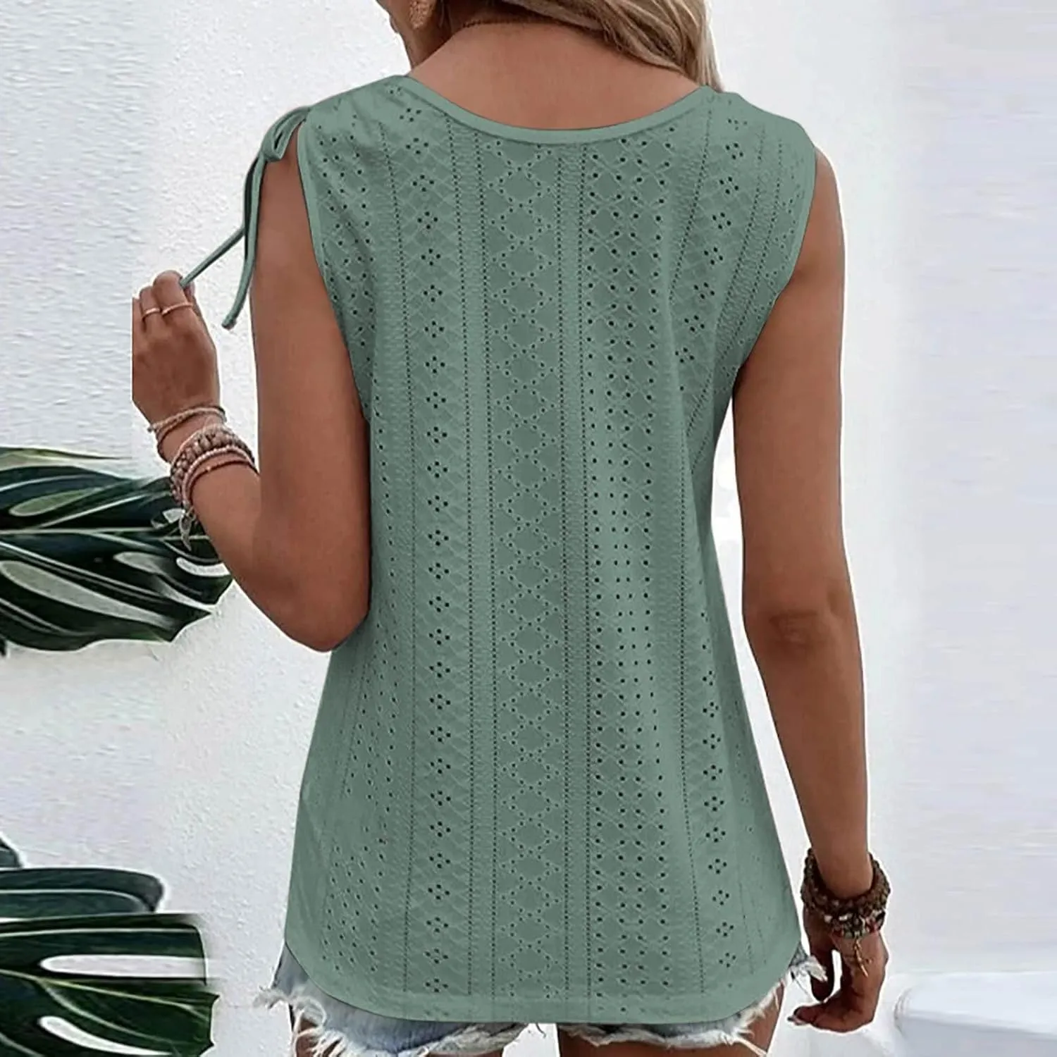Women Sleeveless Eyelet Tops Scoop Neck Blouse Button Front Tie-Shoulder Shirt Summer Tanks Casual Pullover Tees