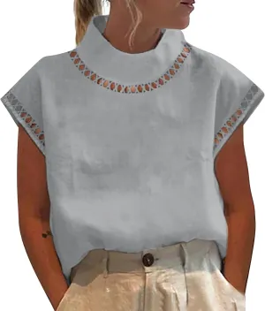 Women Summer Cotton Linen Tops 2025 Casual Loose Eyelet Cap Sleeve T Shirt Trendy Oversized Mock Neck Blouses Tees