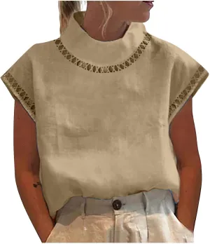 Women Summer Cotton Linen Tops 2025 Casual Loose Eyelet Cap Sleeve T Shirt Trendy Oversized Mock Neck Blouses Tees