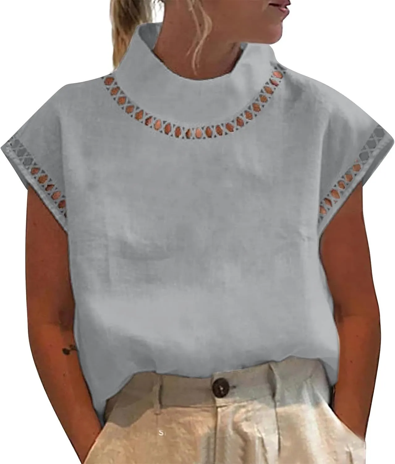 Women Summer Cotton Linen Tops 2025 Casual Loose Eyelet Cap Sleeve T Shirt Trendy Oversized Mock Neck Blouses Tees