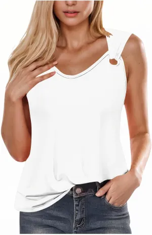 Women Summer Tank Tops V Neck Sleeveless Ring Straps Loose Fit Camisole Keyhole Cute Dressy Full Length Basic Tees