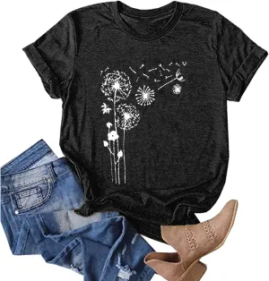 Women T-Shirt Casual Cute Tops Graphic Tee Crew Neck Short Sleeve Sunflower Heart Print Loose Summer Tops Tshirts