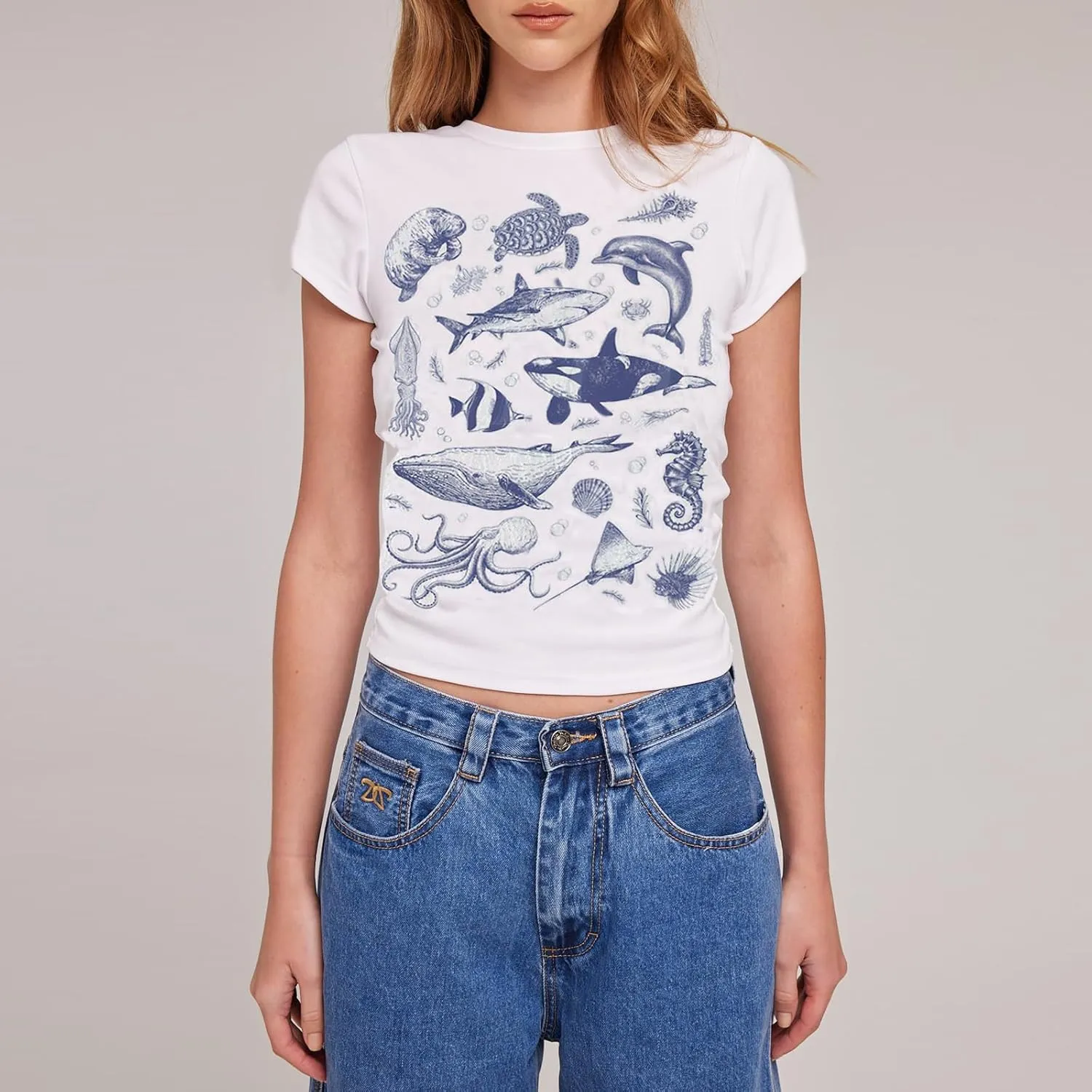 Women Y2K Aesthetic Graphic Baby Tees Short Sleeve Crewneck Fitted Crop Tops Teen Girl Summer Vintage White T Shirt