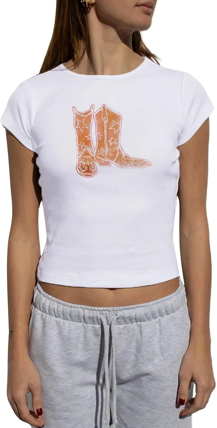 Women Y2K Aesthetic Graphic Baby Tees Short Sleeve Crewneck Fitted Crop Tops Teen Girl Summer Vintage White T Shirt