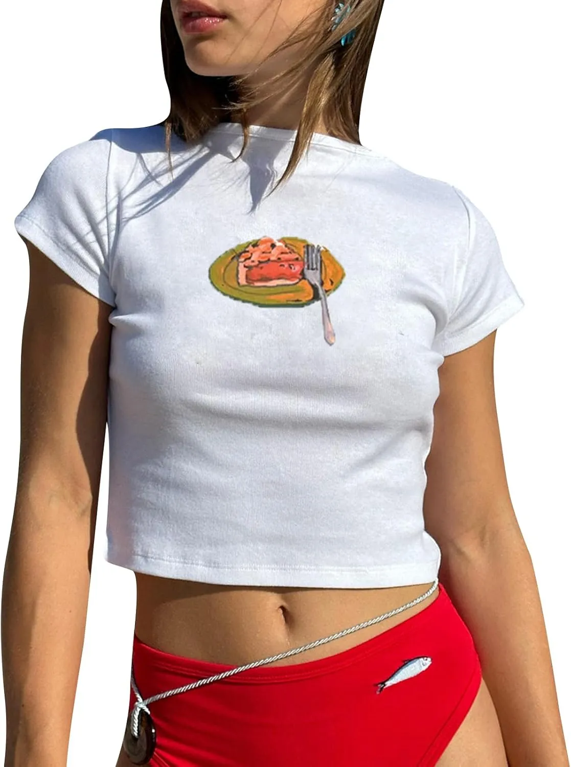 Women Y2K Aesthetic Graphic Baby Tees Short Sleeve Crewneck Fitted Crop Tops Teen Girl Summer Vintage White T Shirt
