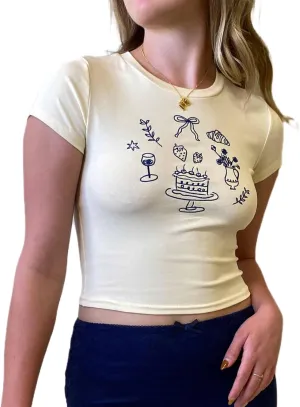 Women Y2k Baby Tees Cute Graphic Short Sleeve Crop Top Vintage Print Crop Shirt Aesthetic Crop Tee Top 00s Streetwear
