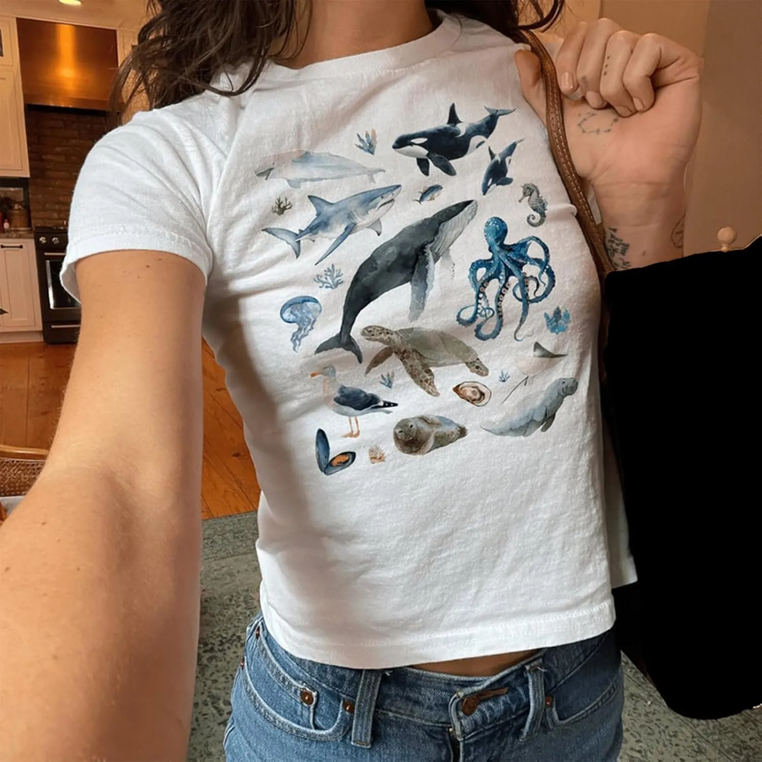 Women Y2k Graphic Baby Tees Cute Animal Print Short Sleeve Crop Tops Vintage Crewneck Teen Girls Aesthetic Clothes