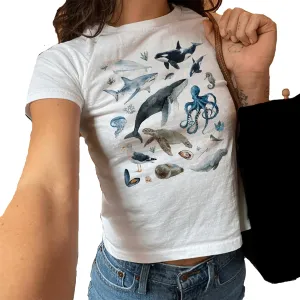 Women Y2k Graphic Baby Tees Cute Animal Print Short Sleeve Crop Tops Vintage Crewneck Teen Girls Aesthetic Clothes