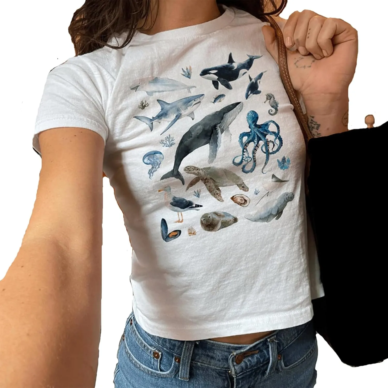 Women Y2k Graphic Baby Tees Cute Animal Print Short Sleeve Crop Tops Vintage Crewneck Teen Girls Aesthetic Clothes