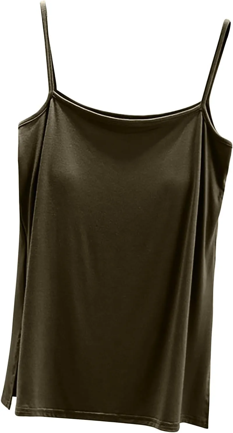 Womens Built-in Bra Padded Camisole Yoga Tanks Tops Wireless Support Short Cami Shirts Loose Fit Casual Blouse