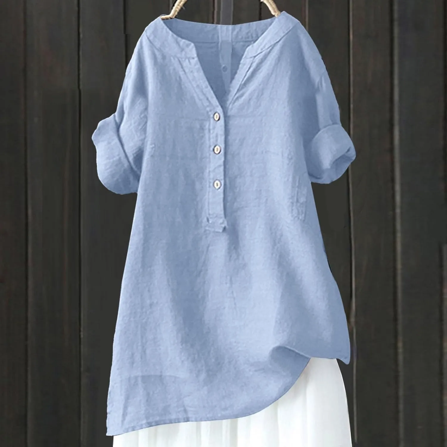 Womens Button Shirt Cotton and Linen 3/4 Sleeve V Neck Basic Shirt Casual Loose Business Blouses Tunics Top